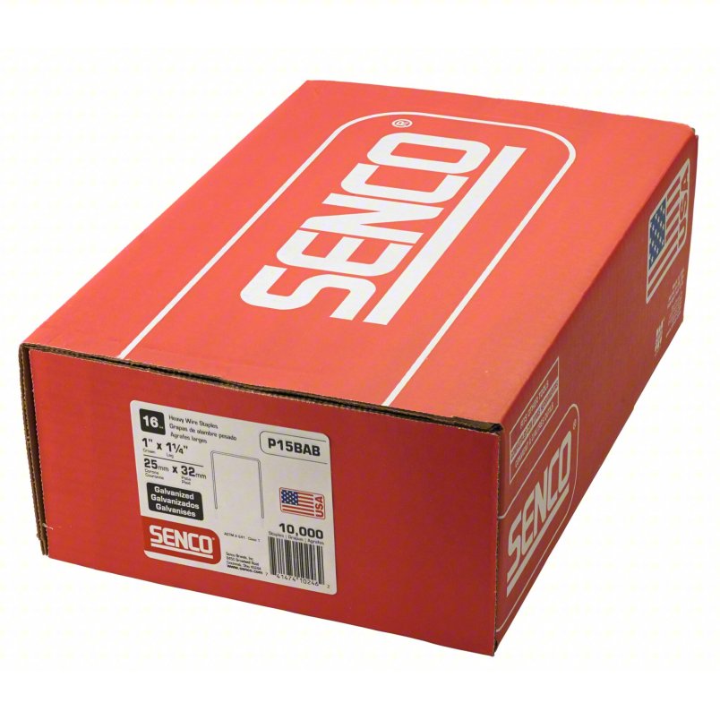 SENCO Crown Staples,16 ga,7/16" W,PK10000: Std Flat Staple, 7/16 in Crown Wd, Steel, 10,000 PK